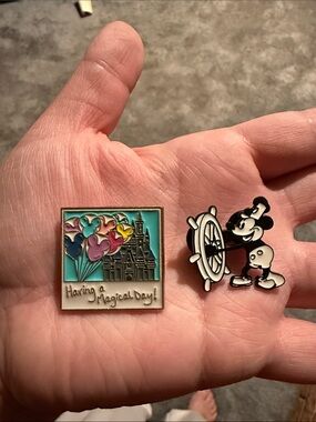 Disney Castle & Mickey Steamboat Enamel Pin Duo - Teal, Black, Multicolor